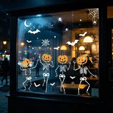 1 Set Halloween Skeleton Static Window Sticker, With Bat And Spider Web Design, PVC Static Adhesion, Suitable For Haunted House Party, Home, Bedroom Glass Decoration - Multicolor - View 7