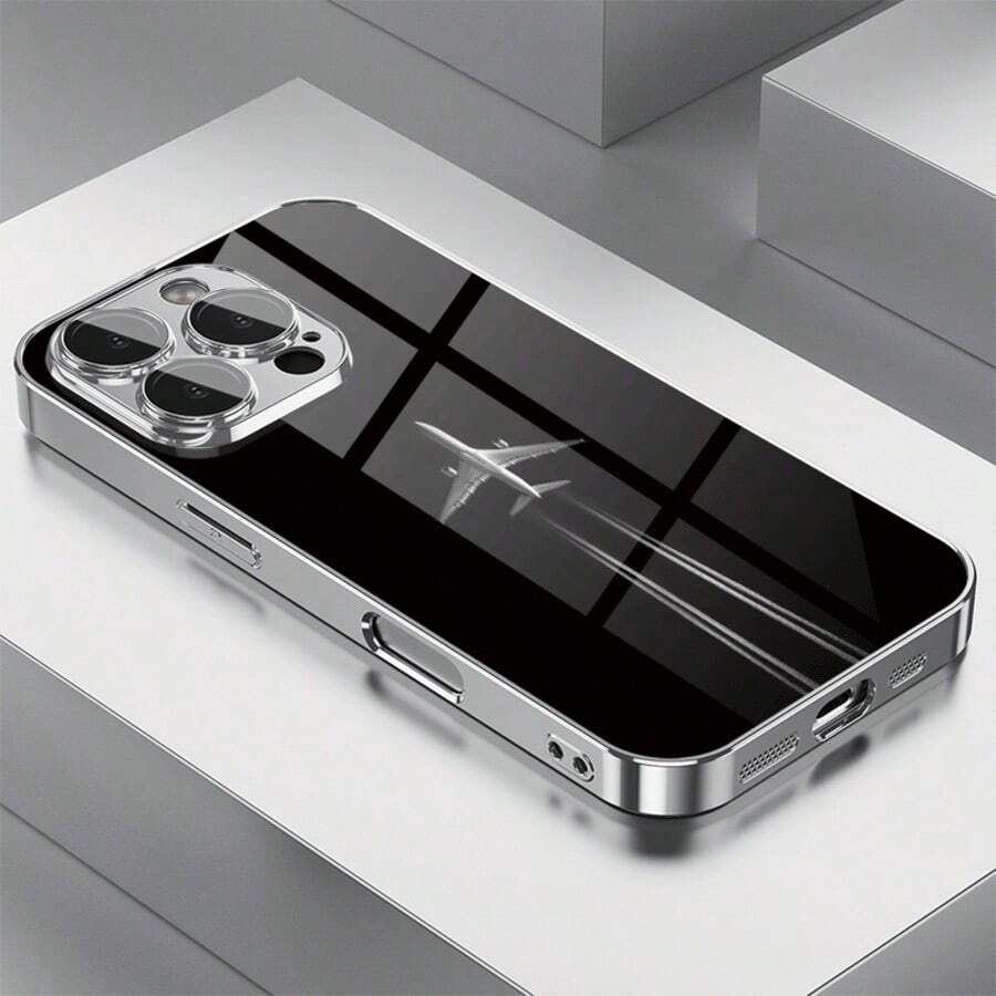 1件極簡飛機創意圖案玻璃材質手機殼,適用於 iPhone - 銀色 - 查看 1
