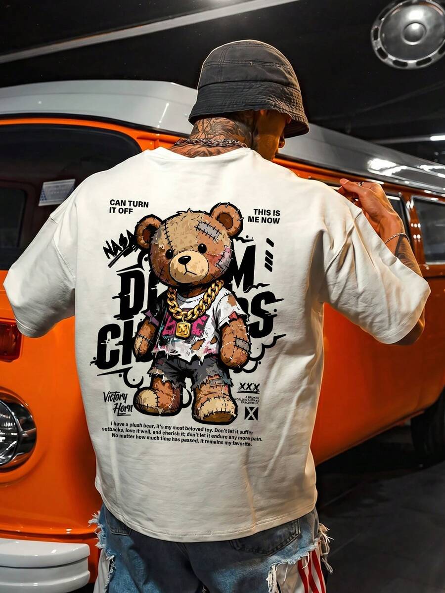 DOPE, T-shirt à manches courtes col rond pour hommes avec imprimé lettres graffiti et ours. Convient pour les sports et la fitness. Confortable et respirant.