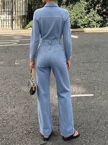 Vintage Denim Jumpsuit Long Sleeve Non-Stretch Denim Casual Daily, Button Ultra Long Non-Stretch Design - Light Wash - View 4