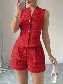 Camiseta sin mangas y shorts jacquard liso.Conjunto elegante de 2 piezas.Fresco, moderno y perfecto para looks diarios. - Rojo - Ver 4