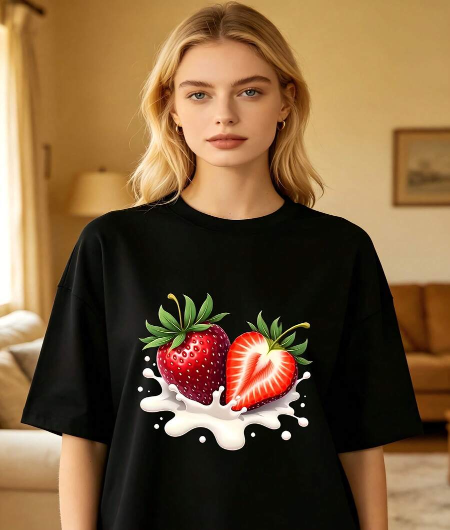Vibrant Realistic Strawberry Milk Splash Fruit Graphic Oversized Crew Neck Short Sleeve Women's T-Shirt Summer Fresh Casual Street Outfit Perfect Gift For Sweet Fruit Aesthetic Teen Girls - 黑色 - 查看 1