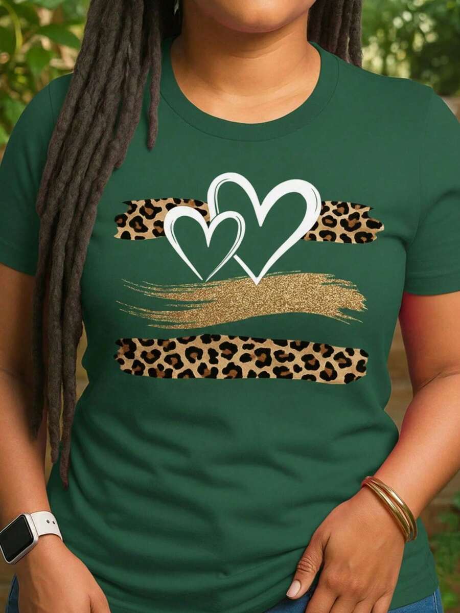 Playera camiseta gráfica dama mujer manga corta cuello redondo básica cómoda fresca ligera estampado conazones rayas animal print leopardo glitter brillos moderno juvenil femenino - Verde - Ver 1
