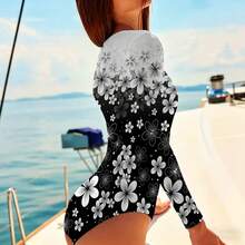 Elegant Floral Print Women's Long Sleeve Zip Up One Piece Swimsuit Black And White Flower Pattern Beachwear Summer Swimwear For Her Gift - Black - View 4
