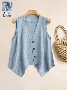 Chaleco de lino informal de talla grande para mujer, primavera/verano - Azul - Ver 1
