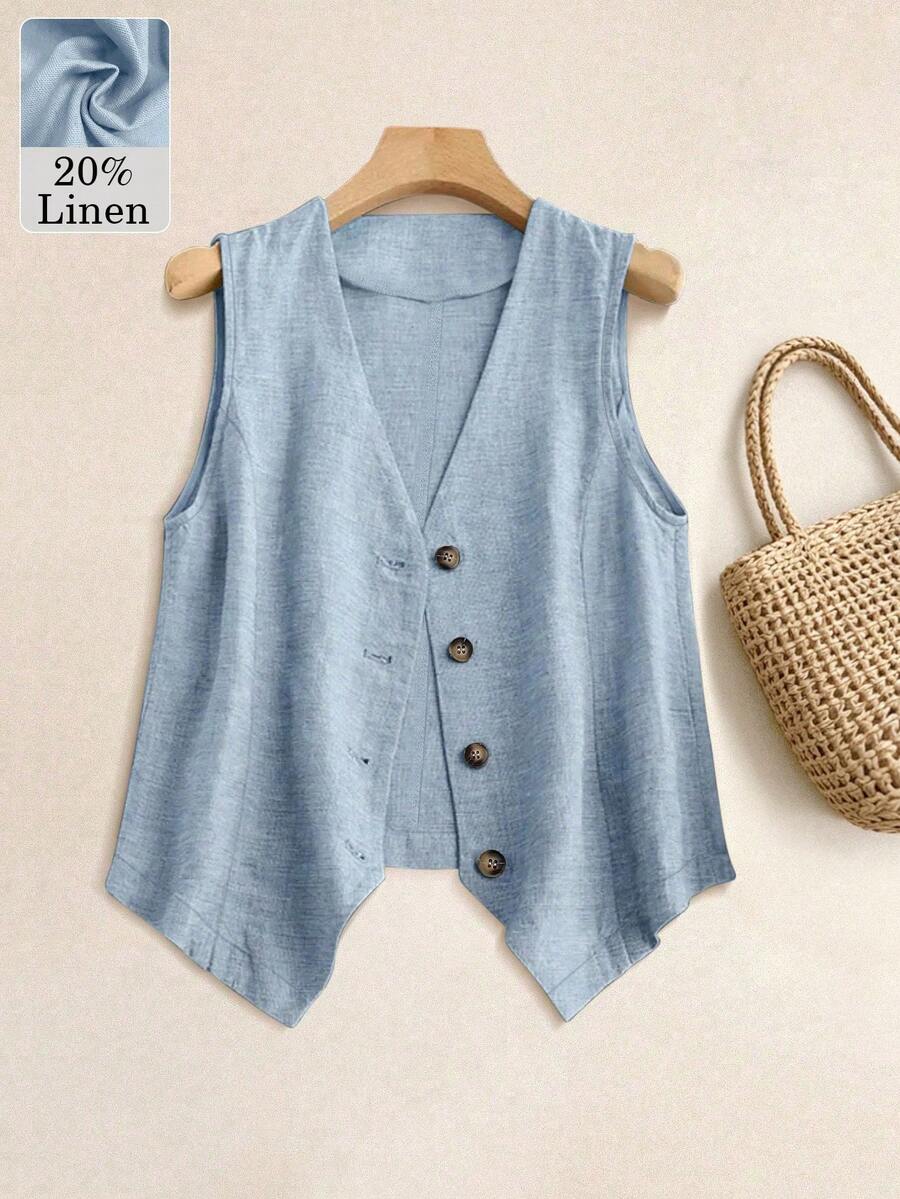 Chaleco de lino informal de talla grande para mujer, primavera/verano - Azul - Ver 1