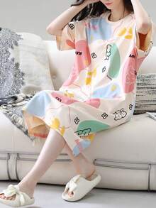 1pc Women's New Spring/Summer Short Sleeve Sweet Cute Korean Style Loungewear Nightgown, Asymmetrical Print Fashionable Comfortable, Easy Care Fabric - Multicolor - View 1