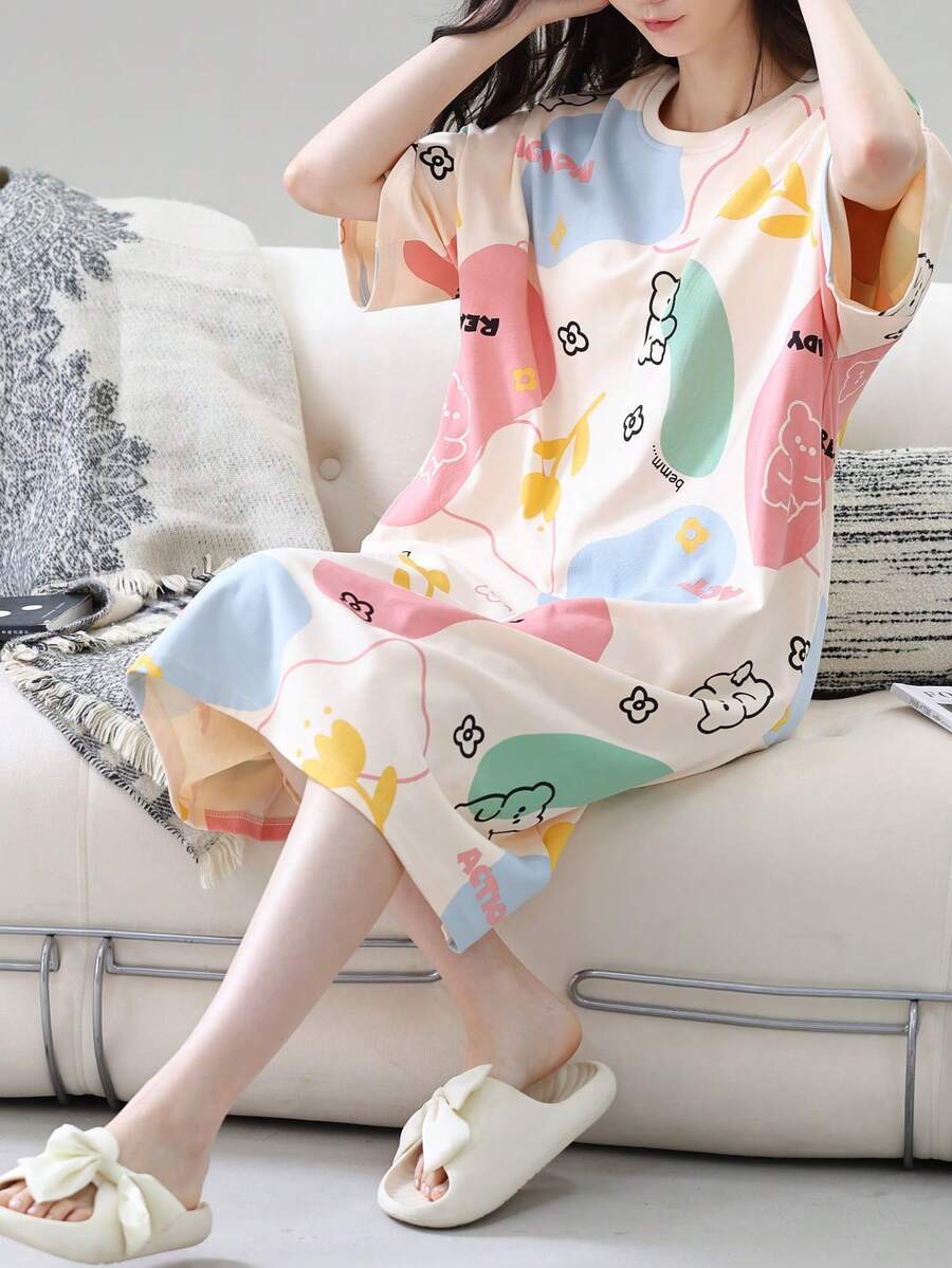 1pc Women's New Spring/Summer Short Sleeve Sweet Cute Korean Style Loungewear Nightgown, Asymmetrical Print Fashionable Comfortable, Easy Care Fabric - Multicolor - View 1