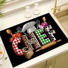 1pc Home Decor Chef Pattern Printed Dish Drying Mat, Coffee Machine Absorbent Mat, Sink Drainage Mat, Cup Absorbent Mat, Kitchen Supplies, Bathroom Supplies, Kitchen Countertop Decor - Multicolor - View 6