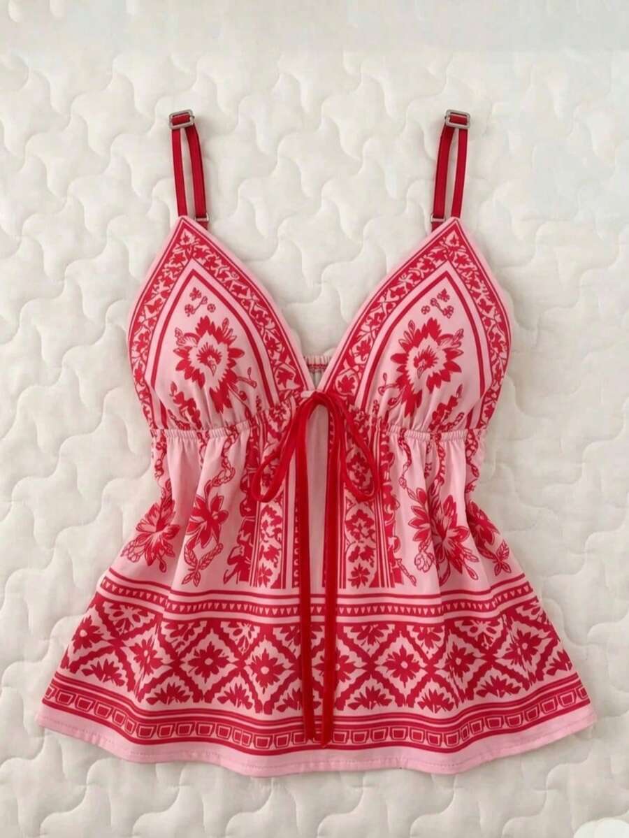 Women's Bohemian Floral Print Camisole, Ruffle Trim Fuchsia Spaghetti Strap Crop Top, Sexy Deep V-Neck Design Casual Summer - Hot Pink - View 1