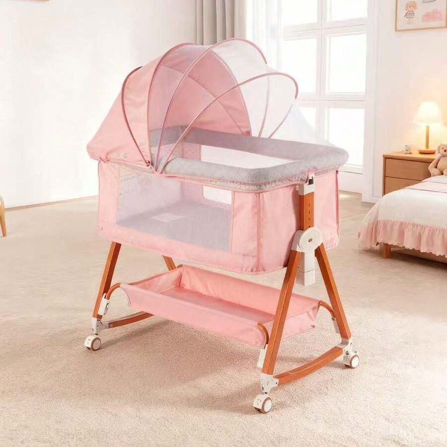 3-In-1 Baby Crib,Bedside Bassinet, Baby Bed With Storage Basket,Easy To Fold,6 Adjustable Height Portable Crib For Infant/Newborn,Baby Need,Baby Stuff - 粉色 - 查看 1