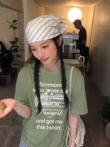 Y2K 2026夏季新款美式復古灰綠色愛心字母印花女款休閒寬鬆短袖上衣 - 橄欖綠 - 查看 3