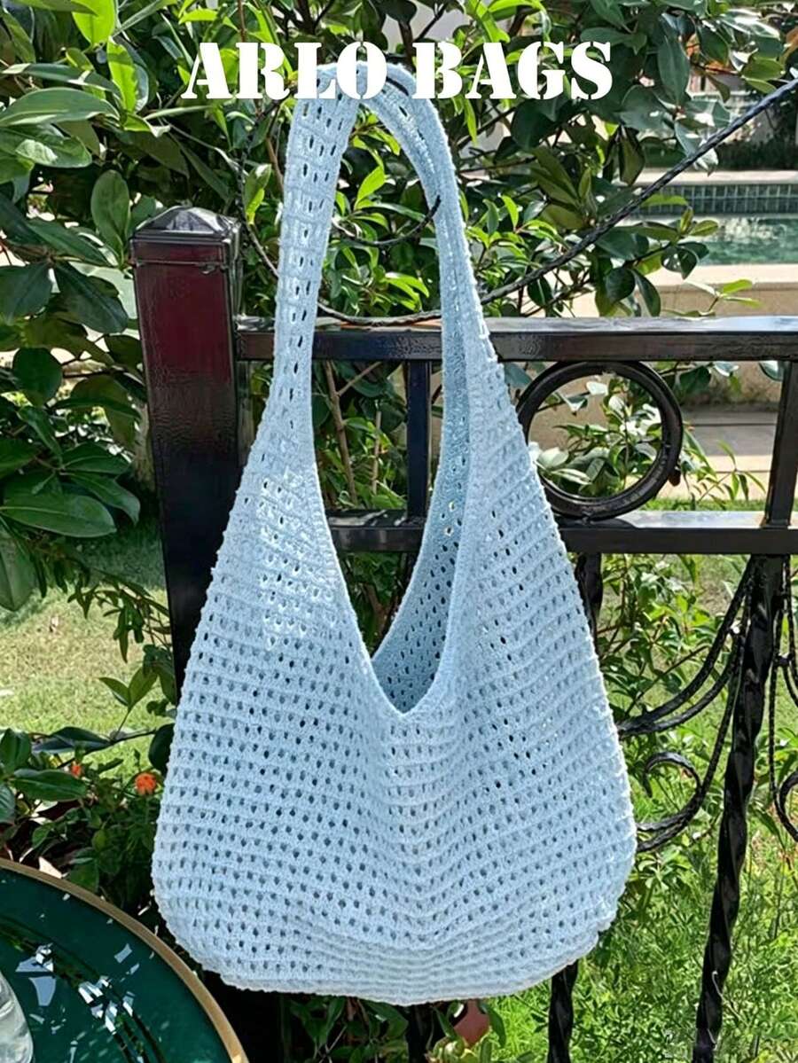 This Light Blue Woven Shoulder Bag Has A Large Capacity, Breathable And Lightweight Fabric, And Features A Casual Hollow Crochet Design, Making It Perfect For Students, Young Women, And Casual Vacation Enthusiasts. It's An Ideal Choice For Beach Vacations, Seaside Trips, Daily Shopping, Casual Walks, And Outdoor Activities. - Baby Blue - View 1