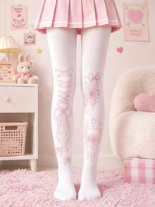 1 Pair Women's White Over-The-Knee Socks, Pink Bow Tie & Wing Heart Print, Soft Elastic Over-The-Knee Socks, Sweet Y2K Style - White - View 5