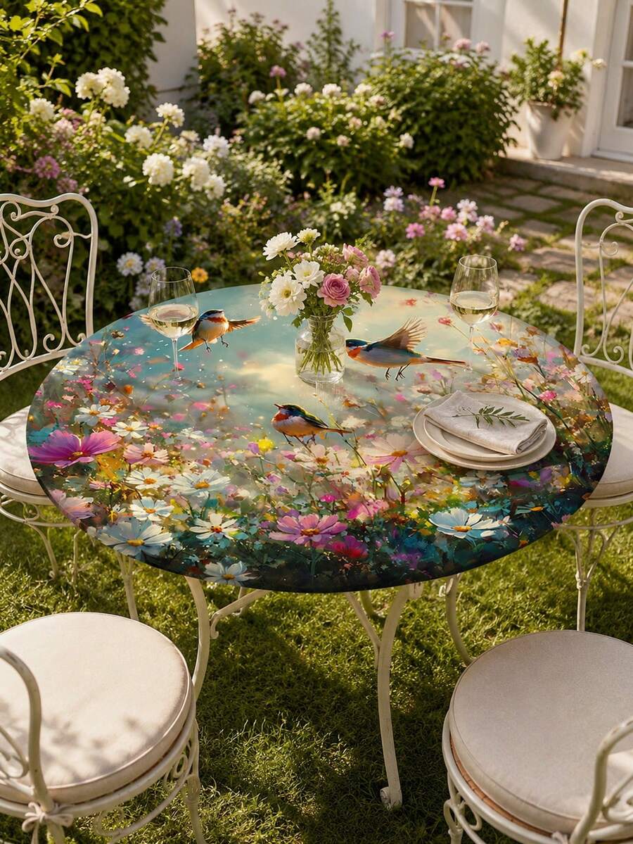 1pc-Spandex Fitted Tablecloth, Colorful Bird Garden Elastic Stretch Table Cover With Floral Meadow Print, Soft Wrinkle Resistant Snug Fit Tablecloth For Round And Rectangular Tables, Outdoor Patio Dining And Spring Party Decor - Multicolor - View 1