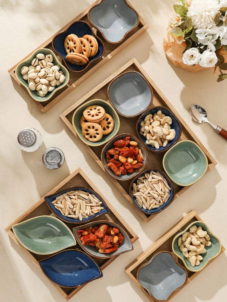 1/3-Piece Wooden Tray, Retro Minimalist Ceramic Snack Plate/Dessert Plate/Tray/Nut Bowl/Condiment Plate/Bone Plate/Vegetable Plate/Fruit Plate - Multicolor - View 1