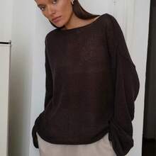 Nuevo top de punto calado estilo europeo y americano para otoño e invierno para mujer, suéter fino y transparente de malla tejida, holgado, sexy y de cuello redondo para mujer. - Morado - Ver 9