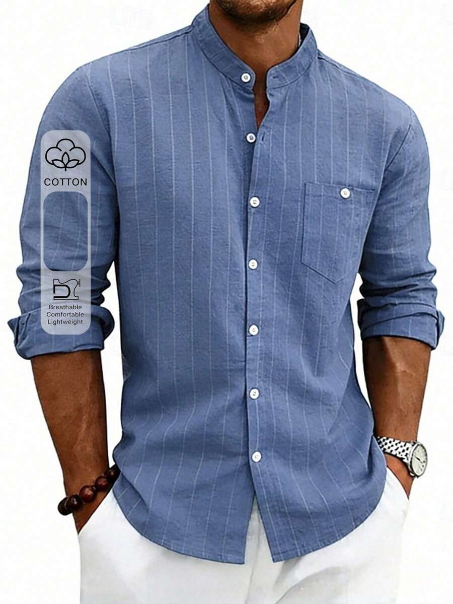 Cotton Men's Mandarin Collar Striped Long Sleeve Shirt, Business Casual Wear For Daily Commute - Blue - View 1