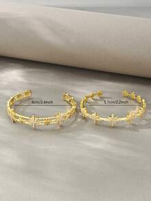 18k Gold-Tone Bracelet Set, Versatile Textured Copper With Zirconia Inlay, Suitable For Daily Wear, Gatherings, Dates, Parties, Gifts - Gold - View 6