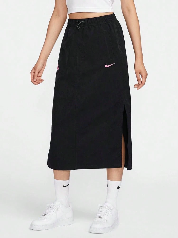 Rok panjang midi kasual wanita Nike dengan belahan di bagian bawah, motif polos, warna klasik, nyaman, bernapas, dan serbaguna. - Hitam - View 1