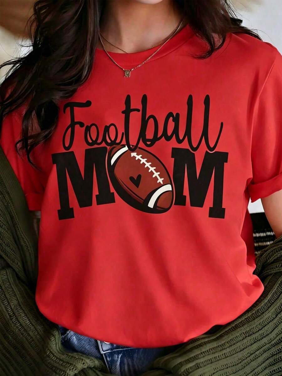 Women's Casual Blouses: White T-Shirt With "Football MOM" Graphic And Heart Detail, Short Sleeve American Football Sports Shirt, Game Day Top, Casual Blouse - 紅色 - 查看 1