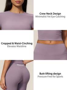 TimeOff Women's One Set Solid Color Round Neck Cropped Waist Short Sleeve Flared Mid-Length Pants Sports Set - Mauve Purple - View 4