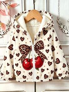 Tween Girl Bow & Cherry Pattern Hooded Zip-Up Casual Everyday Long Sleeve Jacket - Apricot - View 9