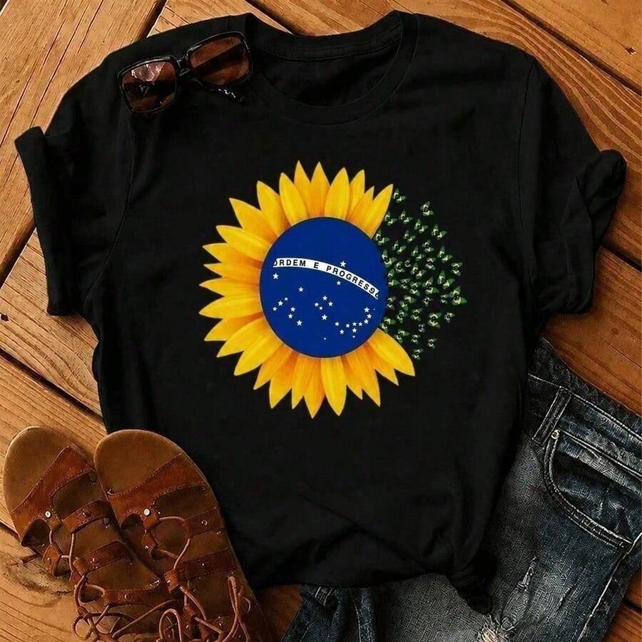Women's T-Shirt Blouse For The 2026 Brazil Cup With Sunflowers And Butterflies, Stylish, 100% - 黑色 - 查看 1