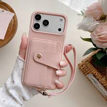 1件裝 精美復古荔枝紋 PU 皮革掛繩卡夾錢包手機殼，適用於 Apple 14 15 16 17 Pro Max - 粉色 - 查看 2