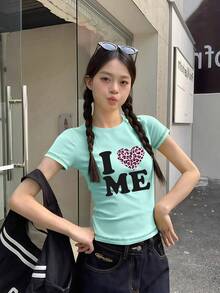 Kaos Wanita Model Hot Girl American Niche Design Bahu Persegi, Motif Hati & Huruf, Atasan Lengan Pendek Kasual Gaya Y2K Musim Panas - Hijau Mint - View 5