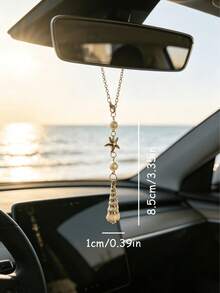 1pc Bohemian Style Ocean Shell Starfish Pearl Car Rearview Mirror Hanging Ornament, 6 Styles Beach Theme Metal Car Interior Pendant, Vehicle Windshield Decoration - A - View 4