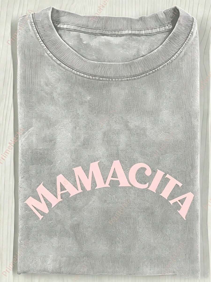 Washed Cotton MAMACITA Black Printed Curved Top, Premium Batik Cotton Fashion Tee, All Season Daily Wear, 2026 Summer Casual Short Sleeve Tops - 灰色 - 查看 1