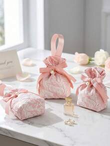 10-Pack Small Floral Pattern Gift Bags, Pink Canvas Gift Bags, Tea Party Favor Bags With Handles, Mini Drawstring Candy Gift Bags, Suitable For Bridal Showers, Birthdays, Weddings, And Other Occasions - A - View 2