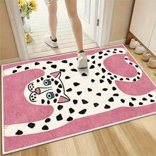 1pc Velvet Carpet, European Style Pink Background Cartoon Leopard Pattern Doormat, Soft Non-Slip Home Entrance Mat, Suitable For Kitchen, Laundry Room, Office, Easy To Clean - Multicolor - View 6