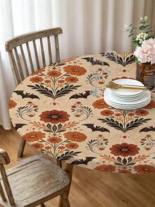 1 Stück Halloween Vintage Blumen Fledermaus Milchseide Polyester elastische Tischdecke, waschbare Esszimmertischdecke für Zuhause, Esszimmer, Wohnzimmer, Küchendekoration, geeignet für Jahrestag, Geburtstagsgeschenk und andere Anlässe - Verschiedenfarbig - Übersicht 2
