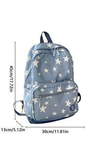 星星印花尼龍徽章多口袋輕量大學包，適合青少年女孩學校旅行四季使用（返校背包） - 藍色 - 查看 8