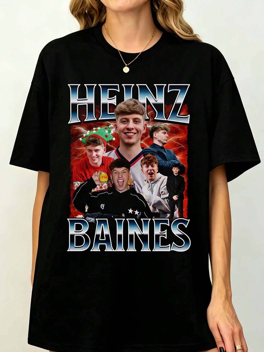 Heinzs Baines Multis Portrait Retro Bootleg Lightning Background Graphic Printed Casual Short Sleeve Boyfriend Style Fan Tee - 黑色 - 查看 1