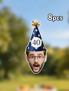 8/16/24pcs Customized Photo Age Party Hat Banner, Multiple Fun Party Hat Styles, Personalized 40th Milestone Surprise Birthday Banner, Wall Hanging Decor, Home Decoration, 30th/40th/50th/60th Birthday Party Bunting - Multicolor - View 9