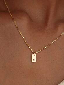 1pc Fashionable Stainless Steel Rectangular 26 Letter Pendant Necklace For Women, Suitable For Daily Wear, Birthday Gift - Yellow Gold - View 22