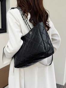 Tas Tote Wanita Warna Polos Bahan PU dengan Bordir Motif Berlian dan Jahitan Quilted, Kapasitas Besar, Permukaan Lembut, Cocok untuk Perjalanan Bisnis, Wisata, Perjamuan, Pesta, Jalan-jalan, Serbaguna - Hitam - View 4