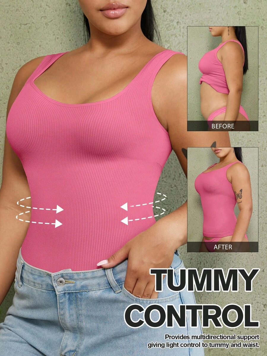 1pc Women's Seamless Black Plus Size Tummy Control Shapewear Top, Light Compression Waist Trainer