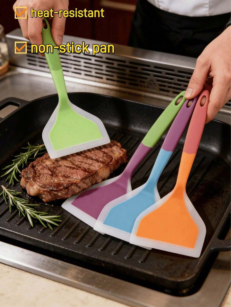 3/2/1pc Non-Scratch Wide Silicone Spatula, Heat-Resistant Non-Stick Pan Turner, Macaron Color-Block Long Handle Anti-Slip Comfortable Grip, Hanging Hole For Easy Storage, One-Piece Silicone Material Odorless, Soft Head Won't Scratch Enamel Pots And Flat Bottom Pans, Suitable For Frying Steak, Pancakes, Tamagoyaki, Hand-Grab Pancakes, Multi-Functional Kitchen Cooking Tool, Cross-Border Hot-Selling Colorful Silicone Cooking Spatula, Heat-Resistant Easy To Clean Home Kitchen Utensil