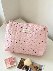 Cute Dot Heart Quilted Cosmetic Bag Large Capacity Storage Bag Skin Care Bag With Inner Mesh Pocket Multi Functional Storage Bag Pen Bag Purse Bag - Baby Pink - View 12