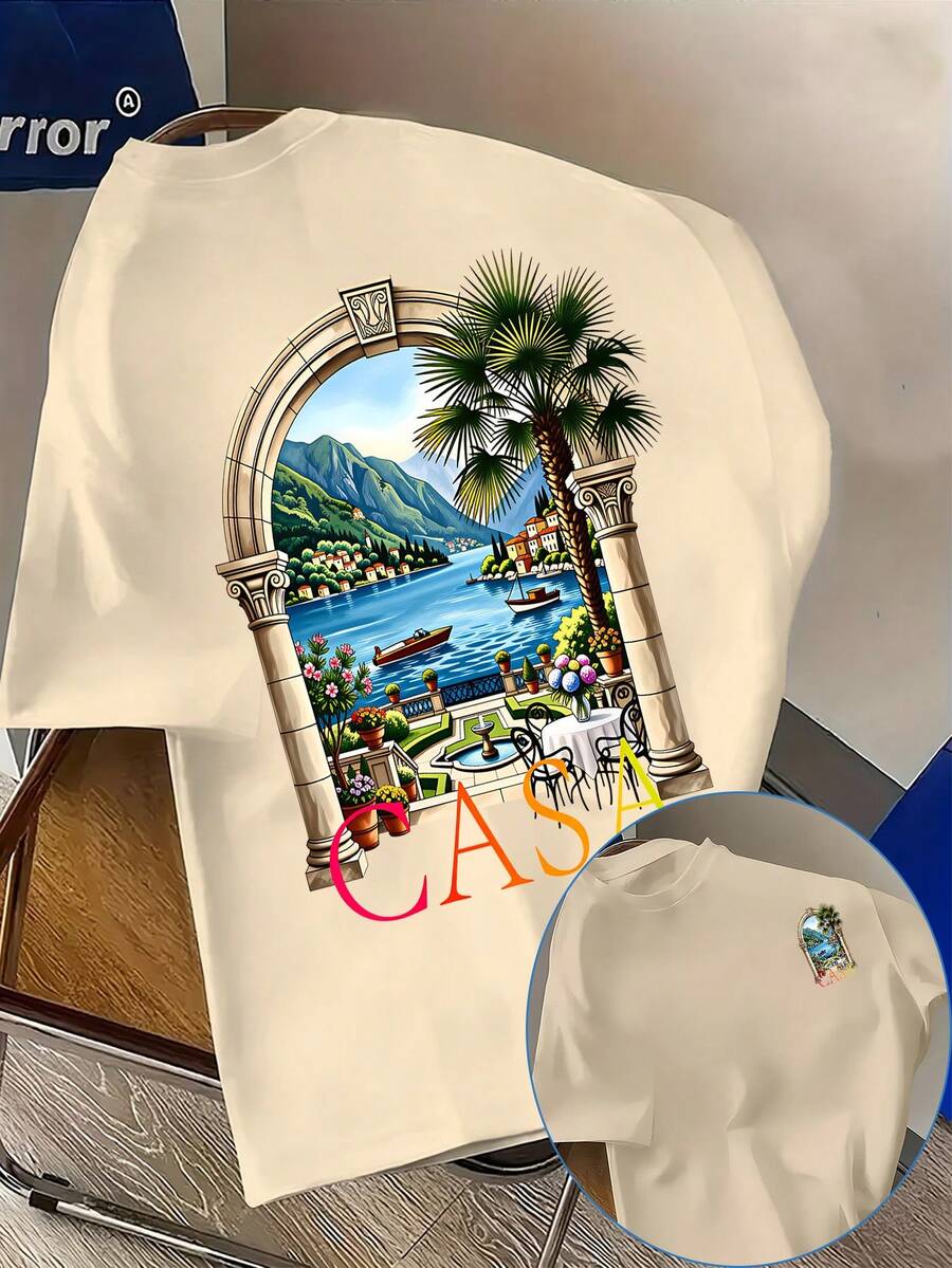 Men's Casual T-Shirt With Lake Como Landscape Print, Italy, Versatile And Stylish Short Sleeve, New Men's T-Shirt, Modern Outfit With A Unique And Niche Design, E - 杏色 - 查看 1