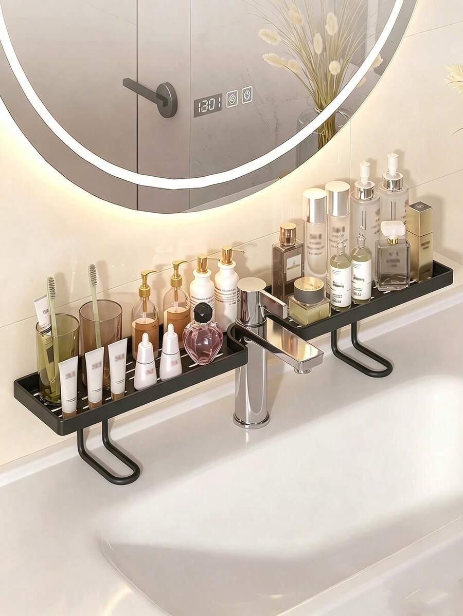1pc Plastic Shelf-Bathroom Sink Organizer,Multi-Functional Plastic Kitchen And Bathroom Sink Storage Rack Set-Faucet Hanging Storage Shelf,Suitable For Sponges, Brushes,Cosmetics, Facial Cleansers,Sturdy, And Easy-To-Clean Home,Bathroom Accessories