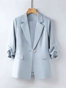 Conjunto de blazer de manga 3/4 con diseño plisado y pantalón de pierna ancha, para mujer, para primavera/verano - Celeste - Ver 2