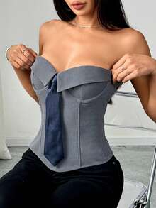 Modern Plain Tray Top With Bow, Girl Style For European Street Looks - Grey - View 4