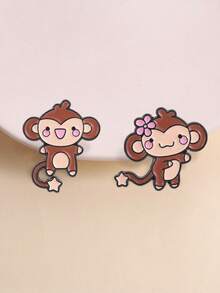 2pcs Cartoon Cute Q-Version Couple Monkey Enamel Brooches, Fun Pink Blush & Star Tail Design Badges, Fashion Clothing & Backpack Accessories, Best Gift For Cute Animal Lovers - Multicolor - View 2