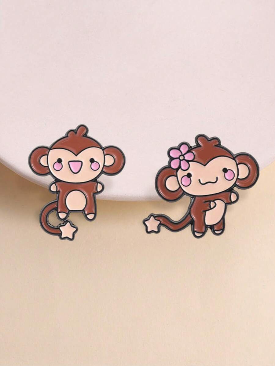 2pcs Cartoon Cute Q-Version Couple Monkey Enamel Brooches, Fun Pink Blush & Star Tail Design Badges, Fashion Clothing & Backpack Accessories, Best Gift For Cute Animal Lovers