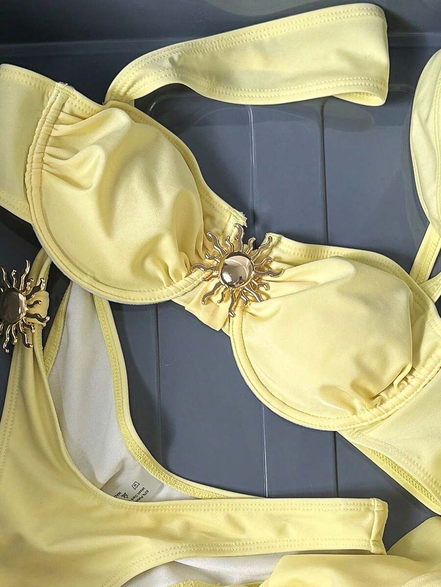 Conjunto de traje de baño tipo tankini de 3 piezas de unicolor, con diseño de tirantes anchos y con aros para un soporte cómodo, estilo de playa de moda, perfecto para vacaciones en la playa - Verde - Ver 1